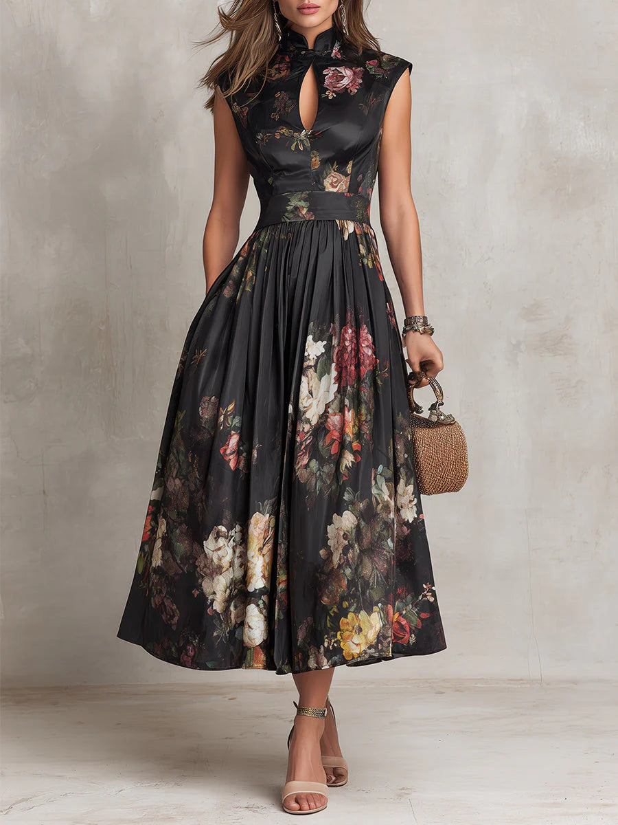 Dunora - Vestido Midi de Satén Plisado Floral con Cuello de Ojal Negro para Mujer